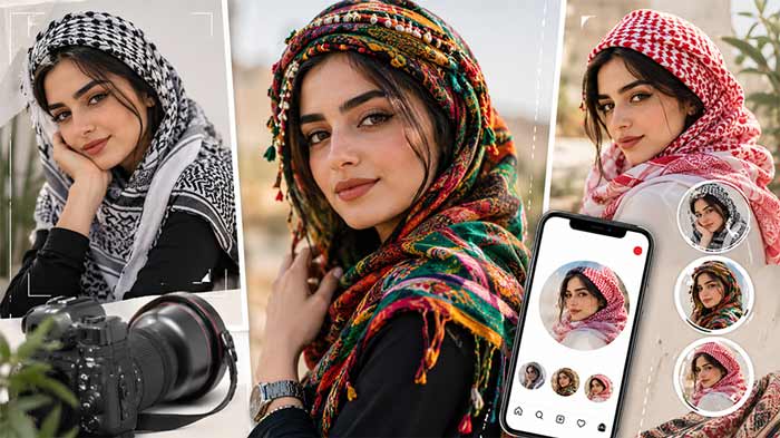پروفایل دخترانه ۷ روش گرفتن عکس دختر با چفیه لاتی، کردی و قرمز برای پروفایل